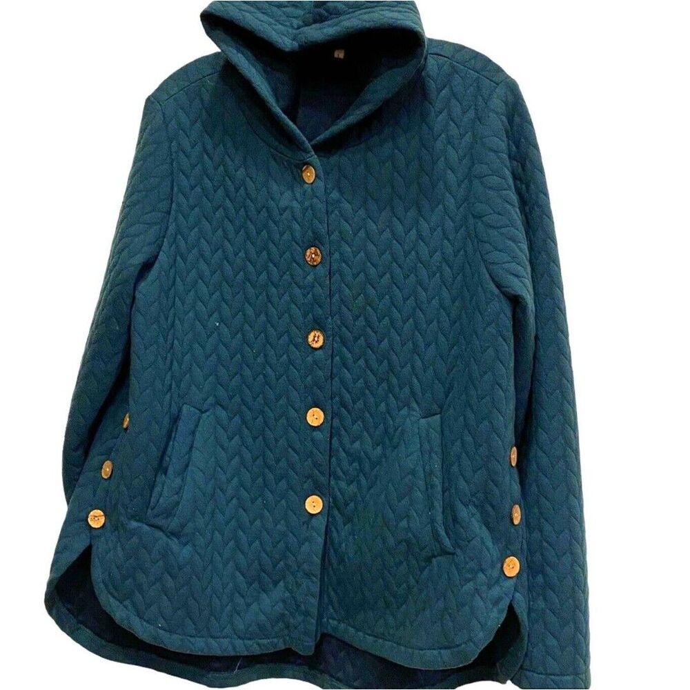 Fleece Jacket L Diamond Quilted Hooded ForestGreen Soft Cozy Wood Buttons Womens
